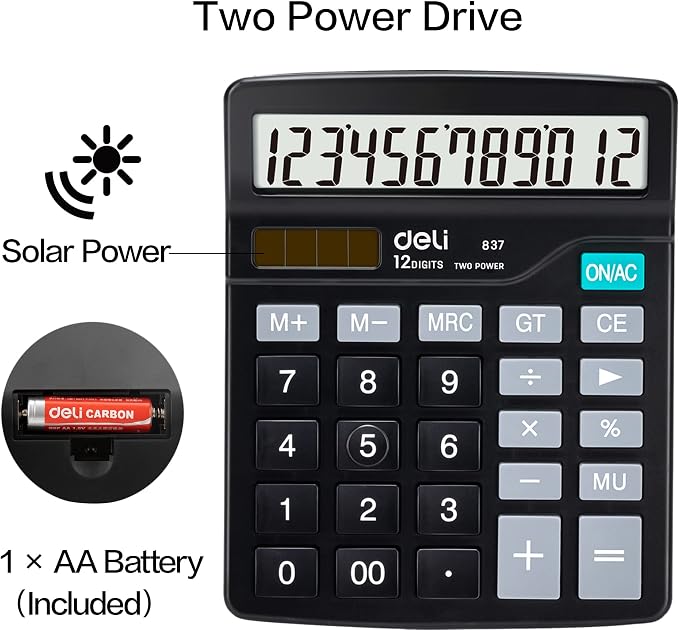 Calculator, Deli Standard Function Desktop Calculators with 12 Digit Large LCD Display and Sensitive Button, Solar Battery Dual Power Office Calculator, Black