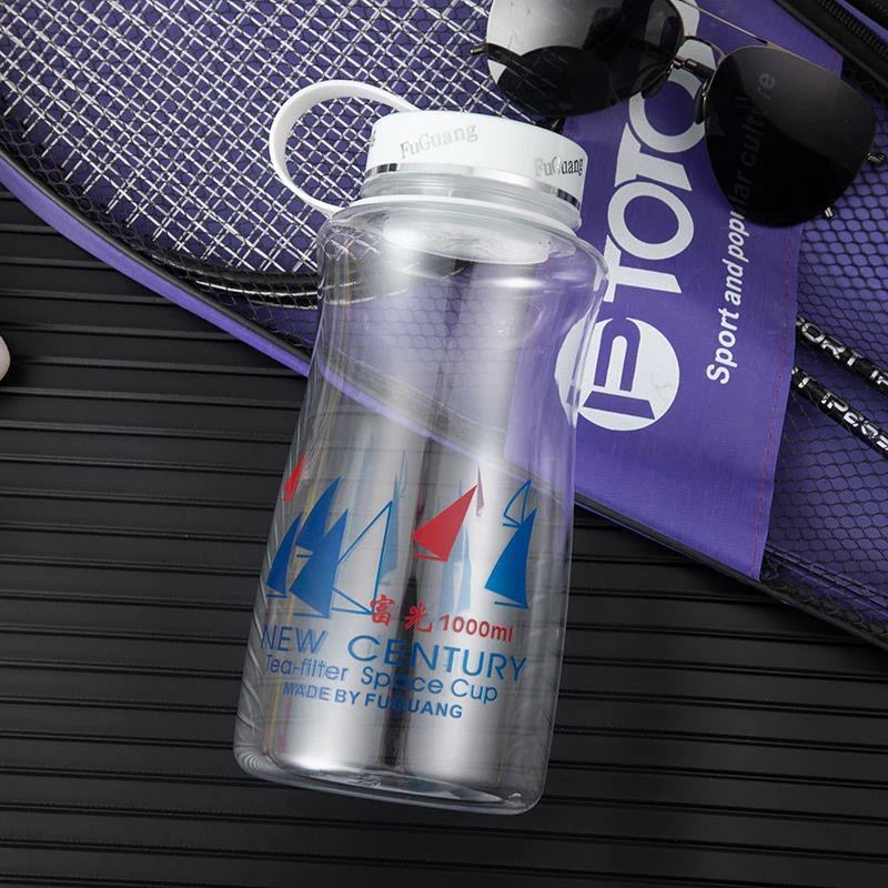 Fuguang 1000ml Large Sports Water Bottle, BPA-Free Clear Plastic Space Cup with Tea Strainer & Carry Loop, Leakproof Wide Mouth Water Jug for Gym Camping Outdoor Travel